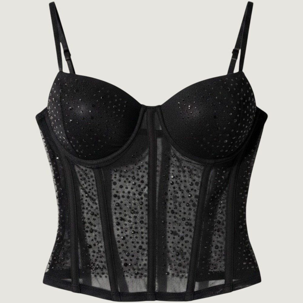 Ever B Black Mesh Rhinestone Corset Top Padded Bustier Scene Grunge #15